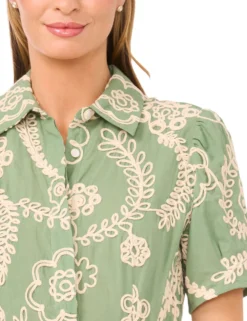 Raised Embroidery Cotton Midi Shirt Dress