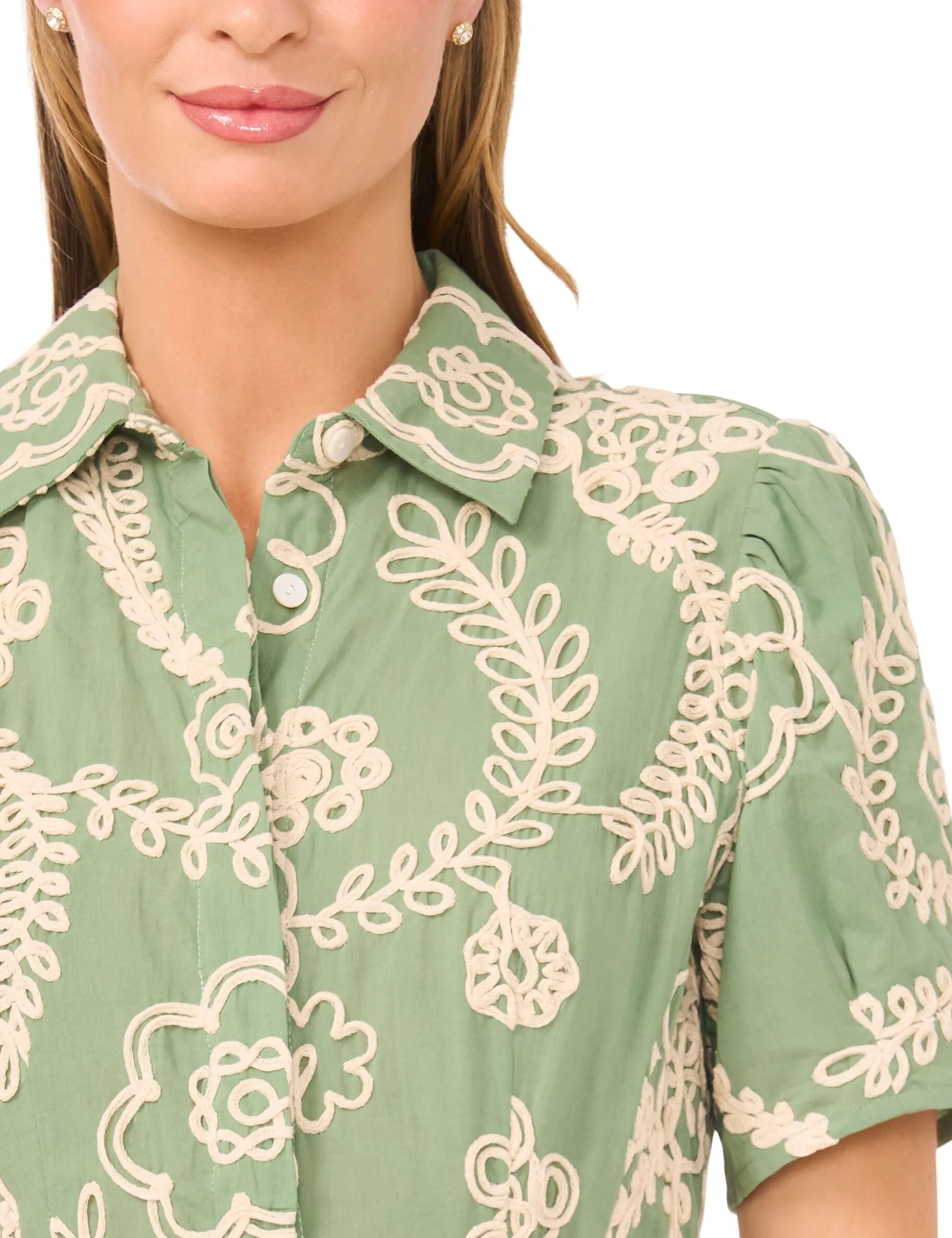 Raised Embroidery Cotton Midi Shirt Dress
