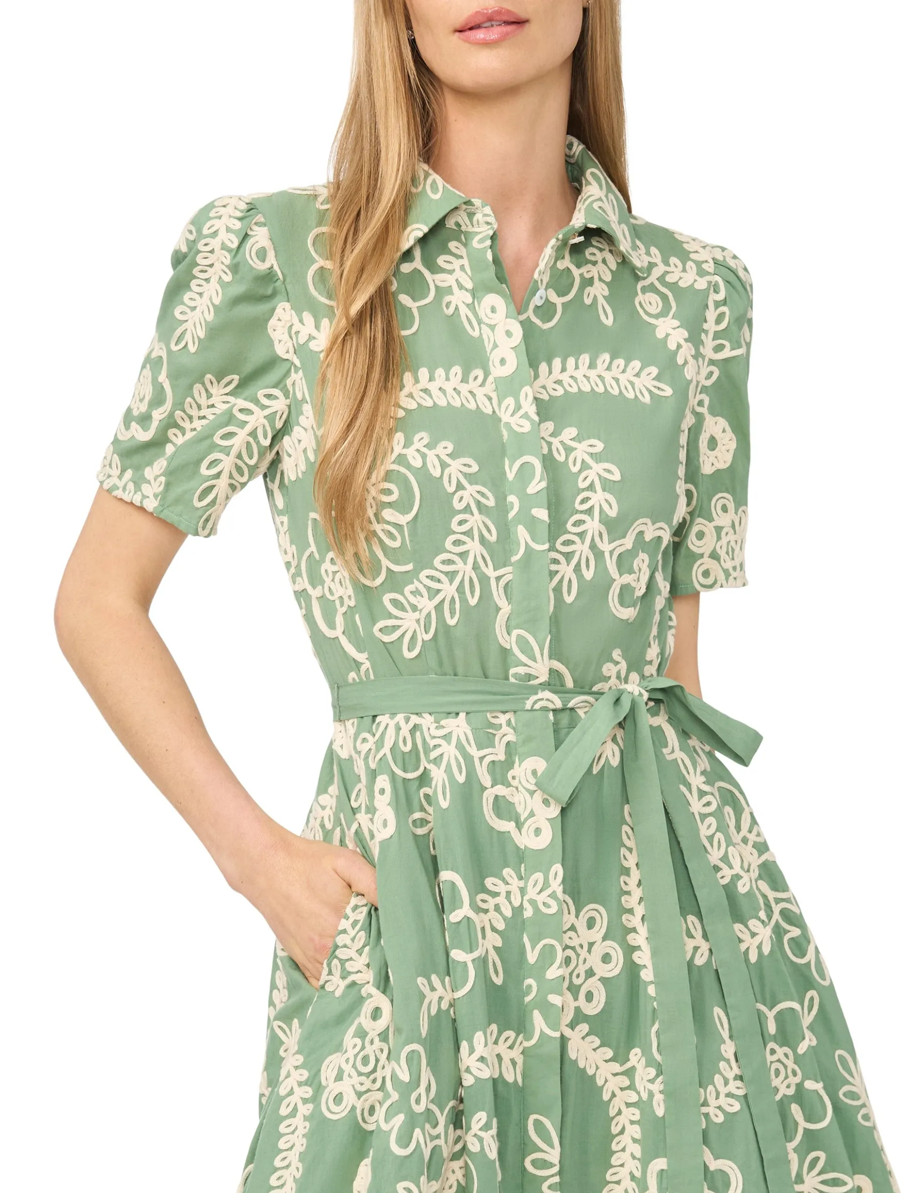Raised Embroidery Cotton Midi Shirt Dress