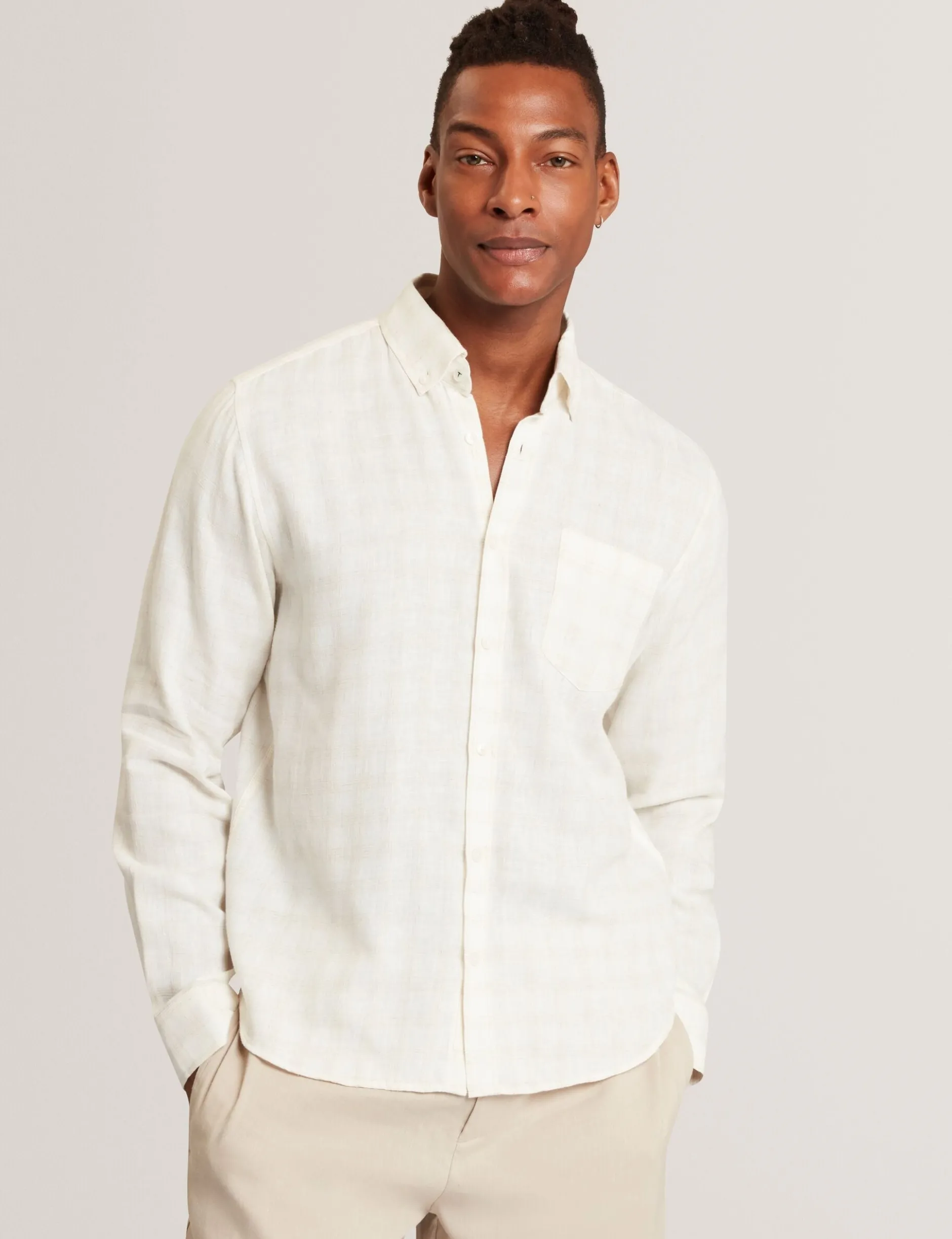 Relaxed Marl Check Linen Blend Long Sleeve Shirt