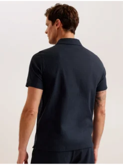 Ribbed Texture Zip Neck Cotton Polo Shirt