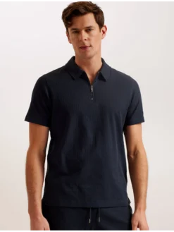 Ribbed Texture Zip Neck Cotton Polo Shirt