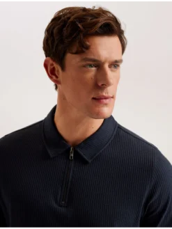 Ribbed Texture Zip Neck Cotton Polo Shirt