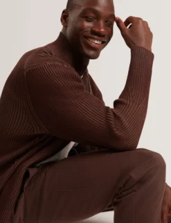Rib Knit Funnel Neck Zip-Up Sweater
