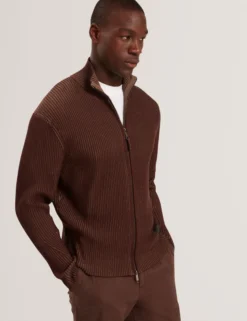 Rib Knit Funnel Neck Zip-Up Sweater