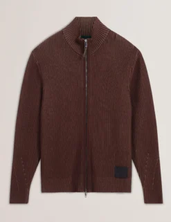 Rib Knit Funnel Neck Zip-Up Sweater