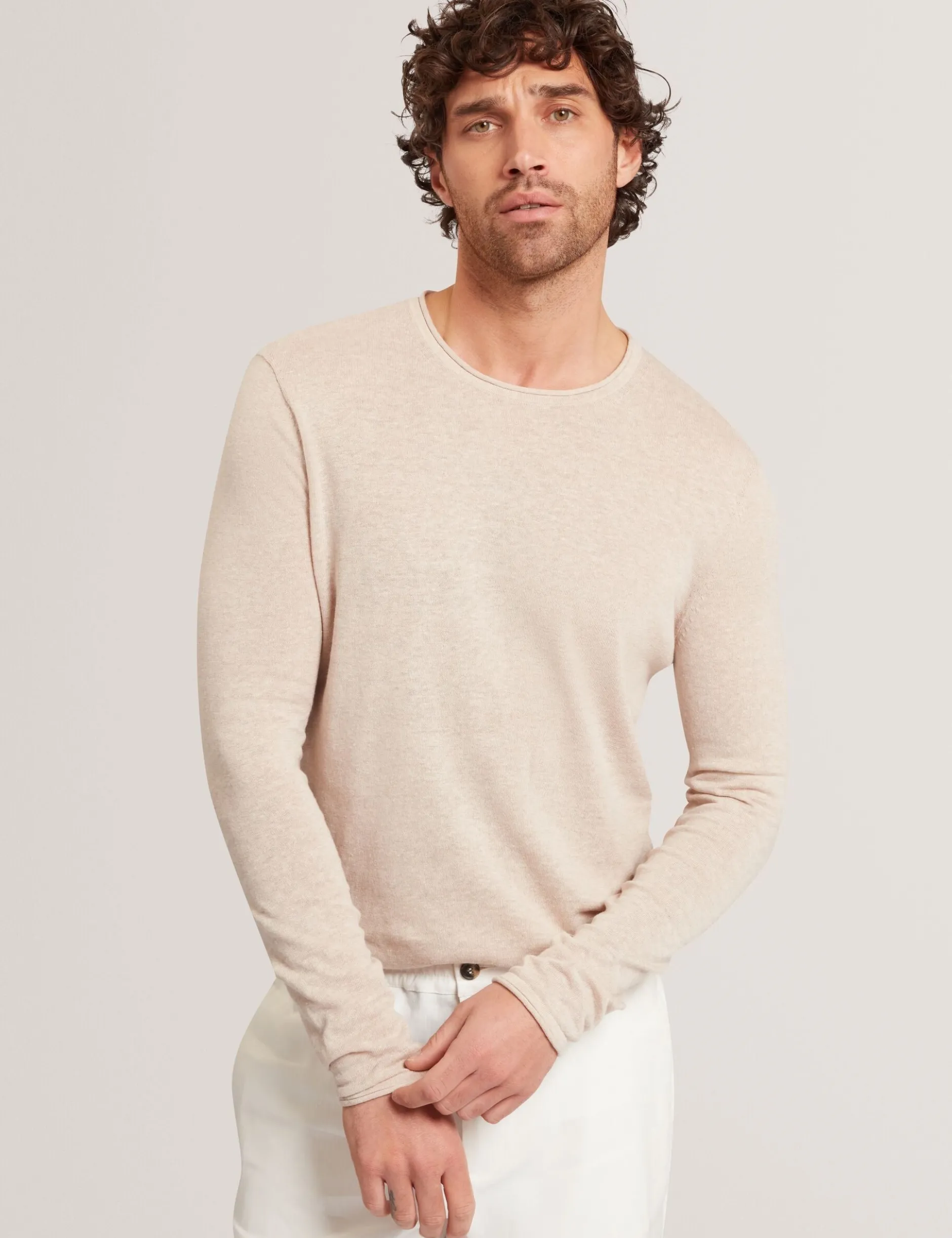 Rolled Edge Linen Blend Crew Neck Jumper