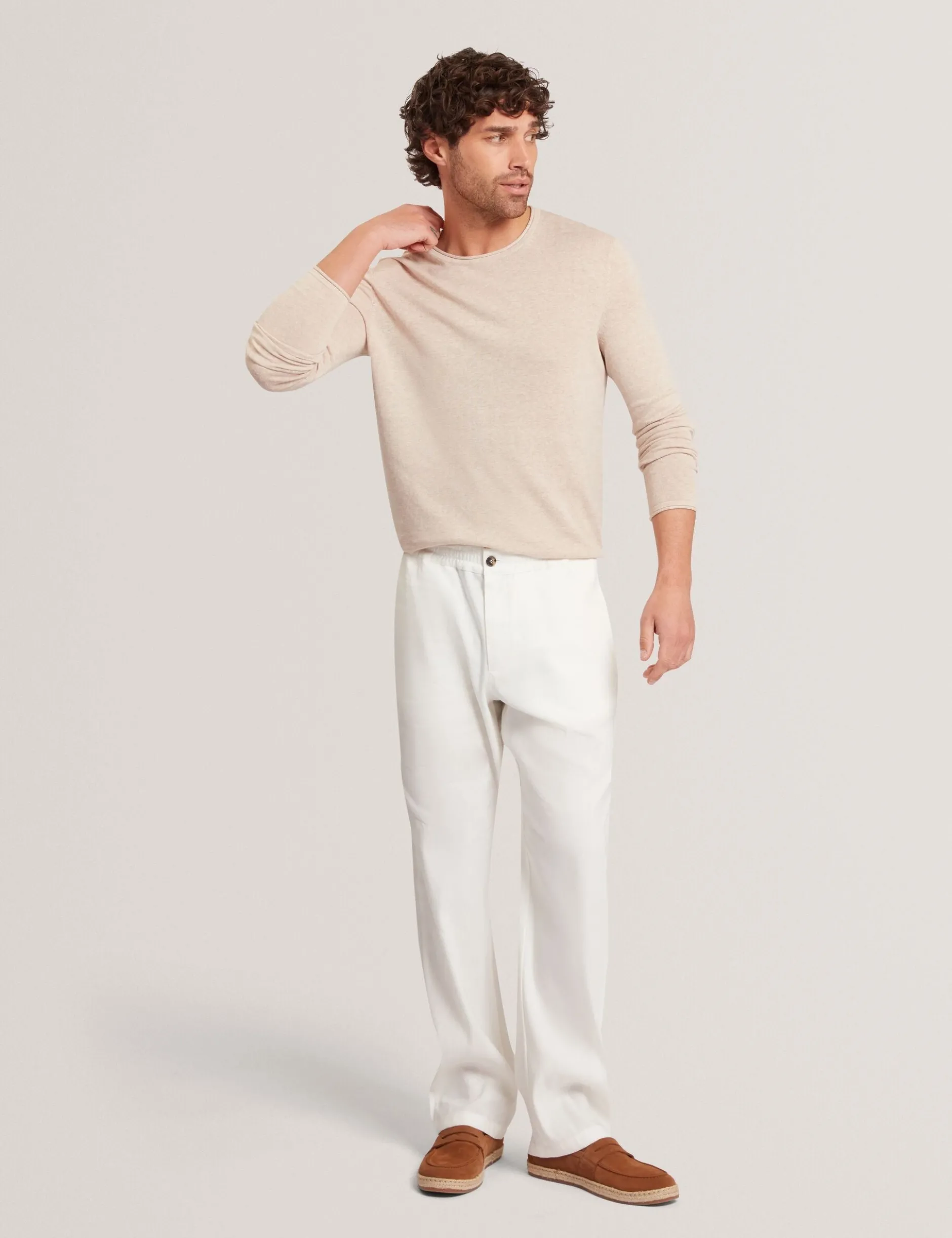 Rolled Edge Linen Blend Crew Neck Jumper