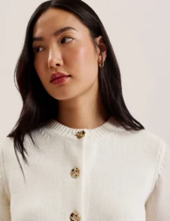 Rose Button Knitted Crew Neck Cardigan