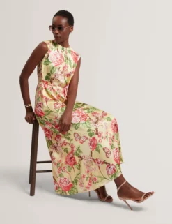 Satin Floral Sleeveless Maxi Dress