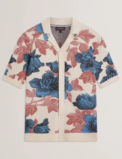 Shaded Floral Knit Button-Through Polo Shirt