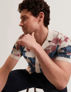 Shaded Floral Knit Button-Through Polo Shirt
