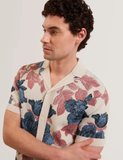 Shaded Floral Knit Button-Through Polo Shirt