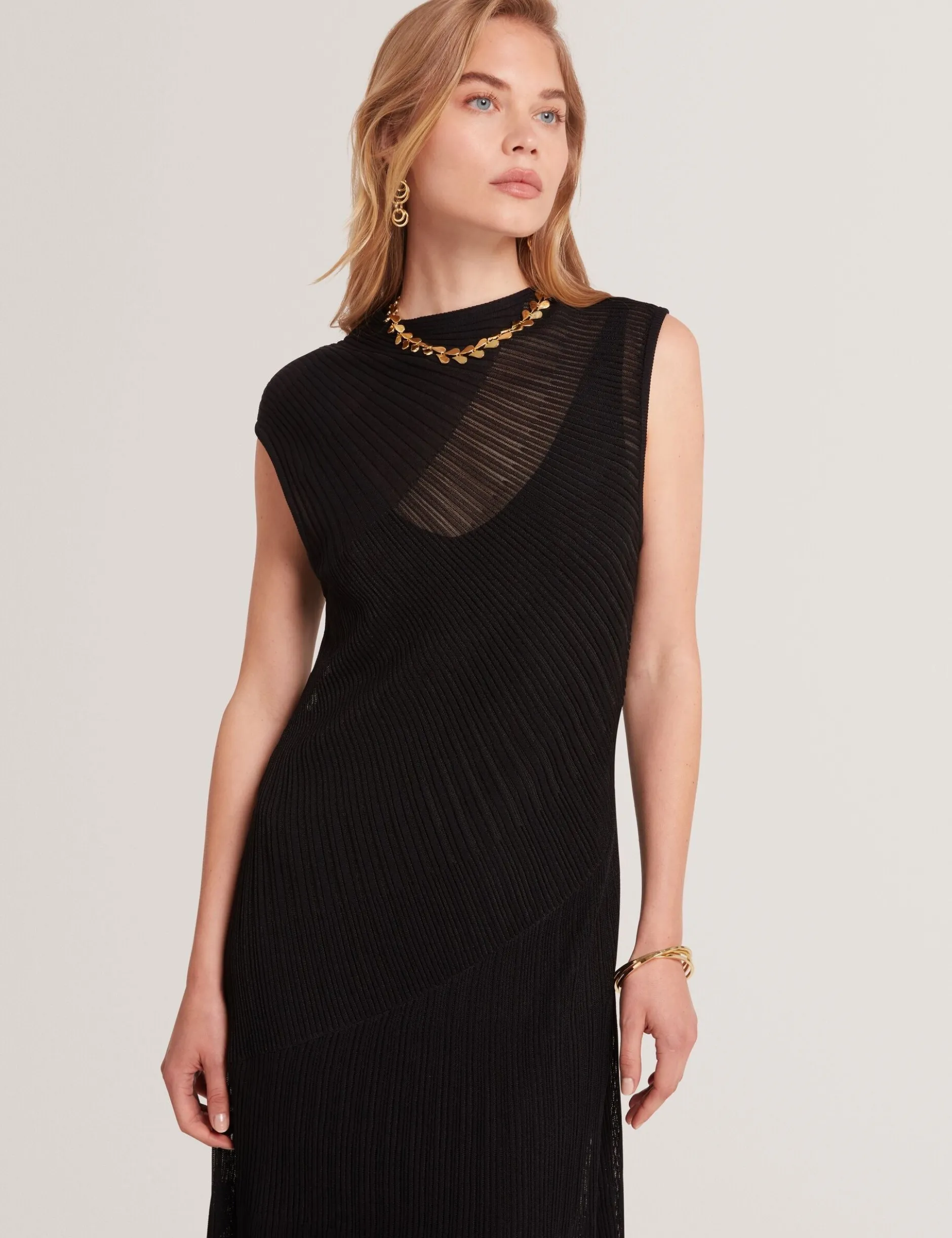Sheer Detail Textured Knit Midaxi Dress