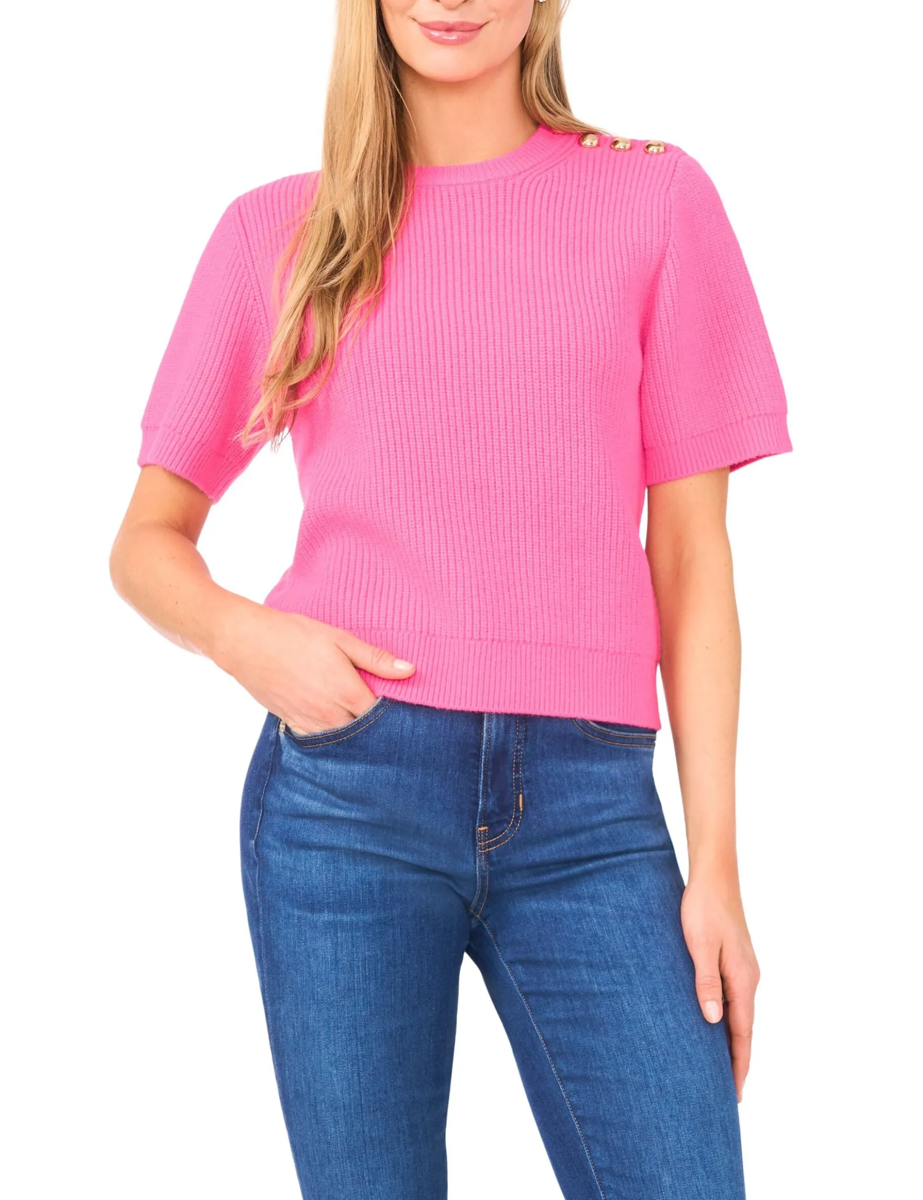 Short Sleeve Crew Neck One Shoulder Button Top