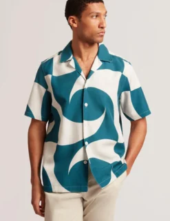 Short Sleeve Oversized Linen Blend Swirl Print Shirt