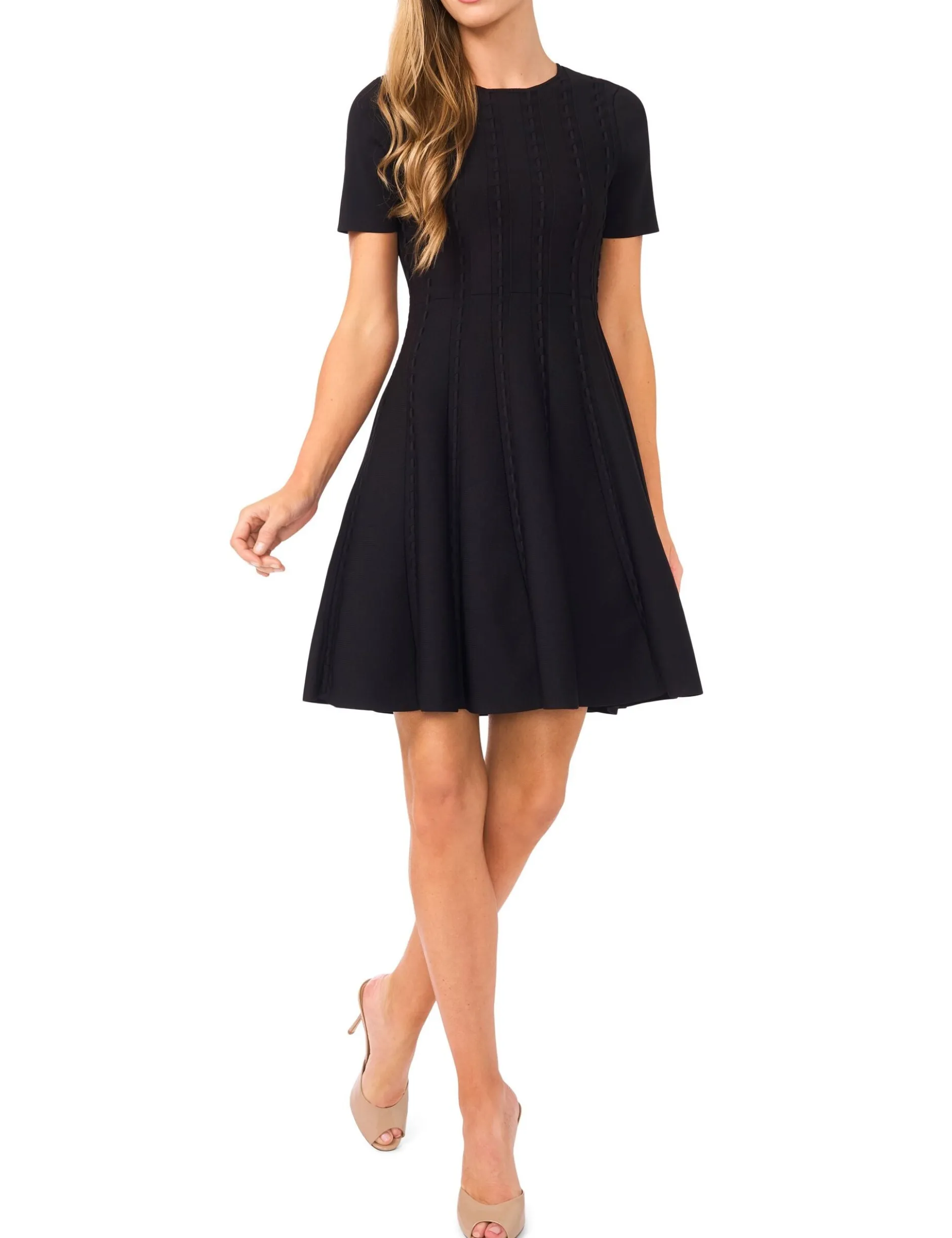 Short Sleeve Ribbon Stitch Mini Dress