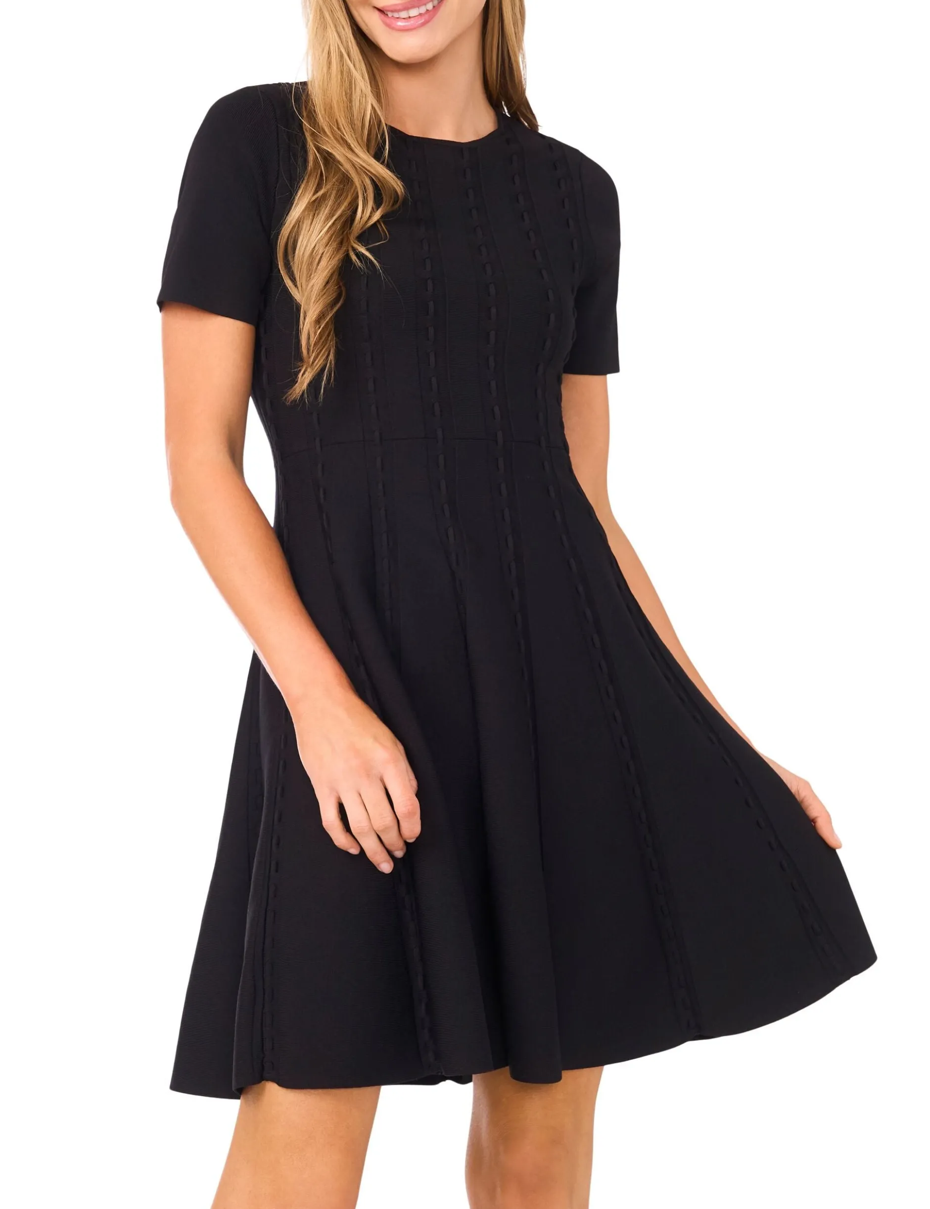 Short Sleeve Ribbon Stitch Mini Dress