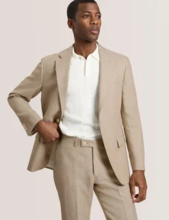 Single Breasted Two Button Notch Flat Front Linen Suit Jacket