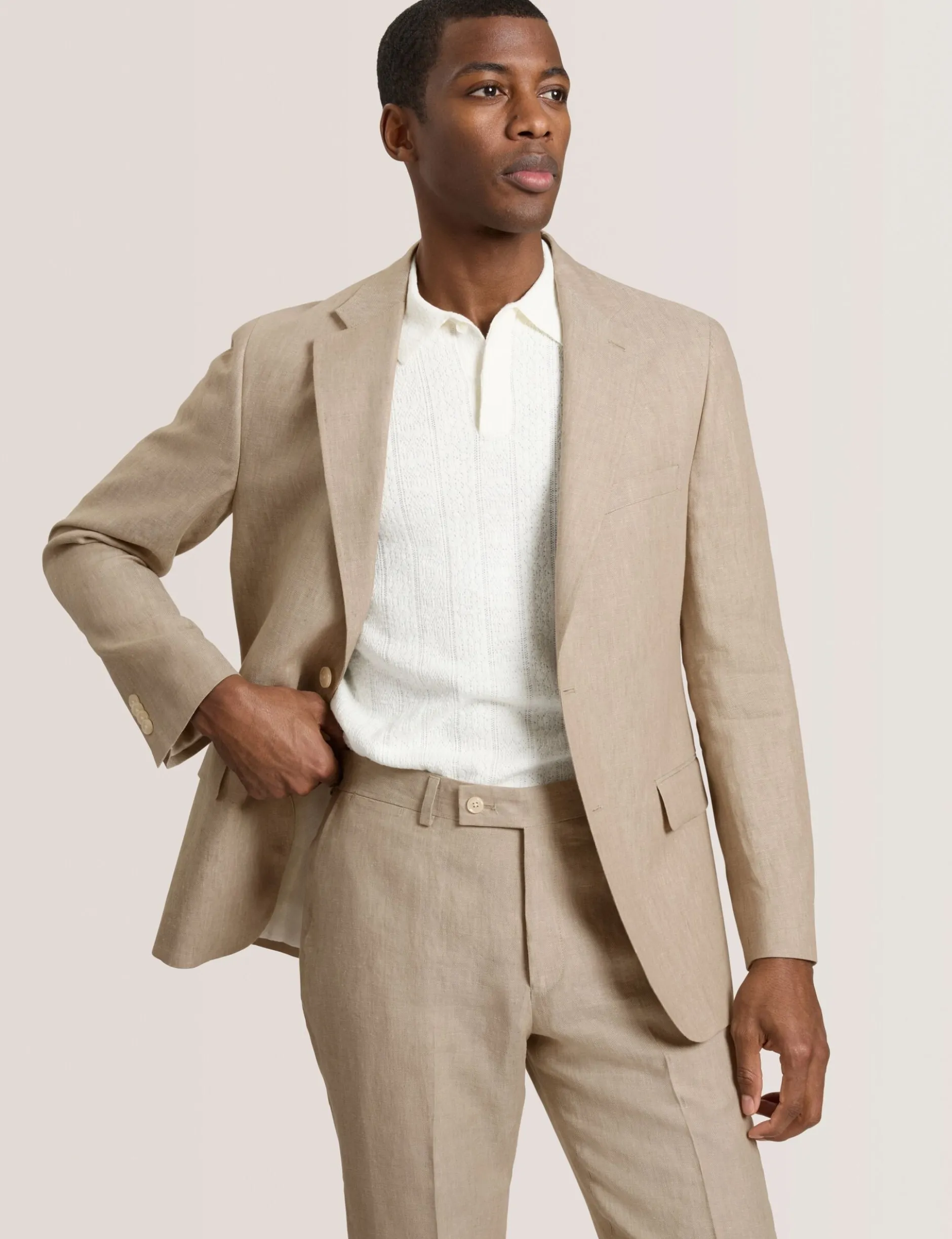 Single Breasted Two Button Notch Flat Front Linen Suit Jacket