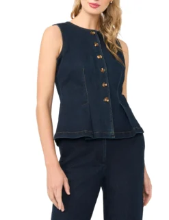 Sleeveless Denim Button-Up Top