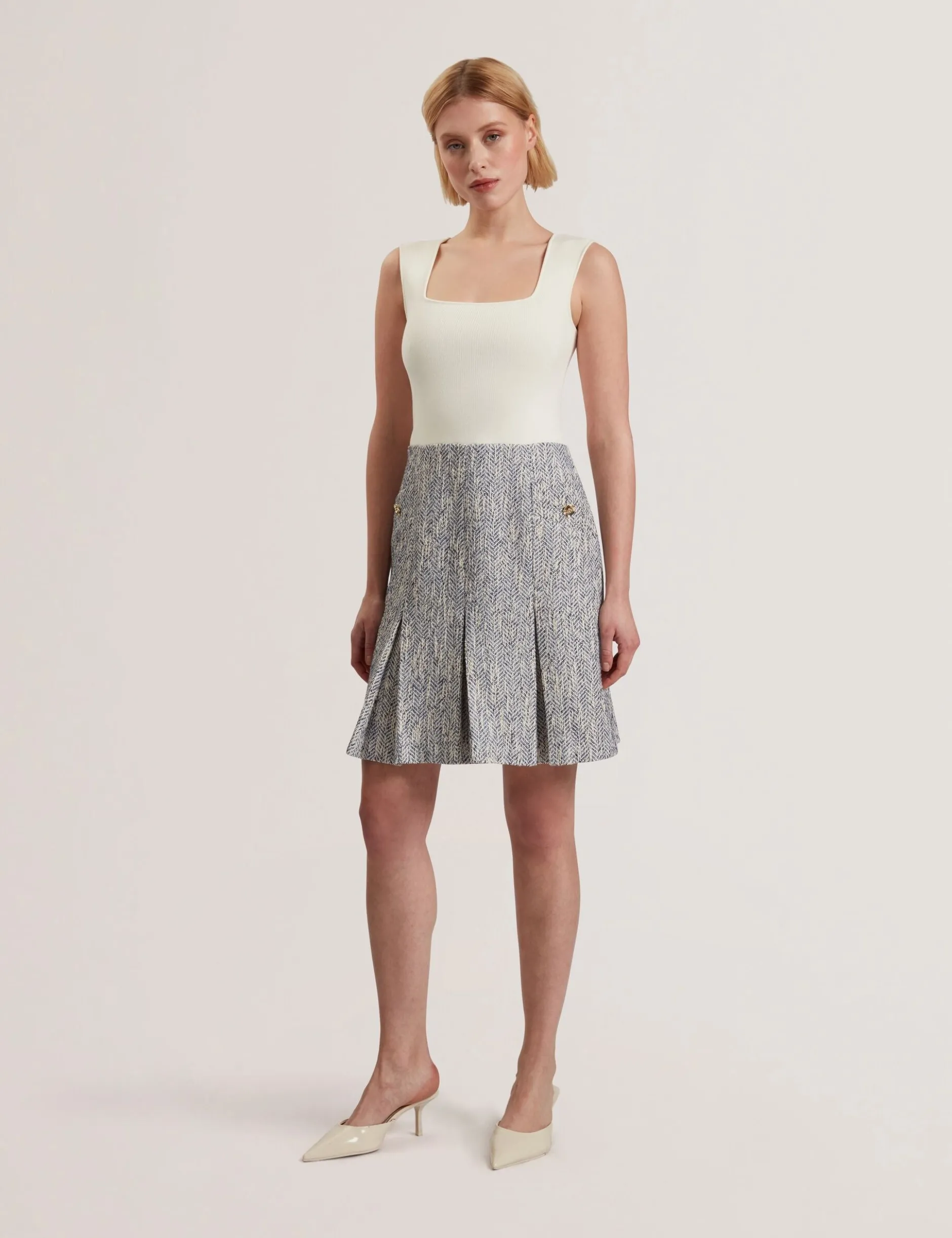 Sleeveless Knit Bodice Boucle Mini Dress