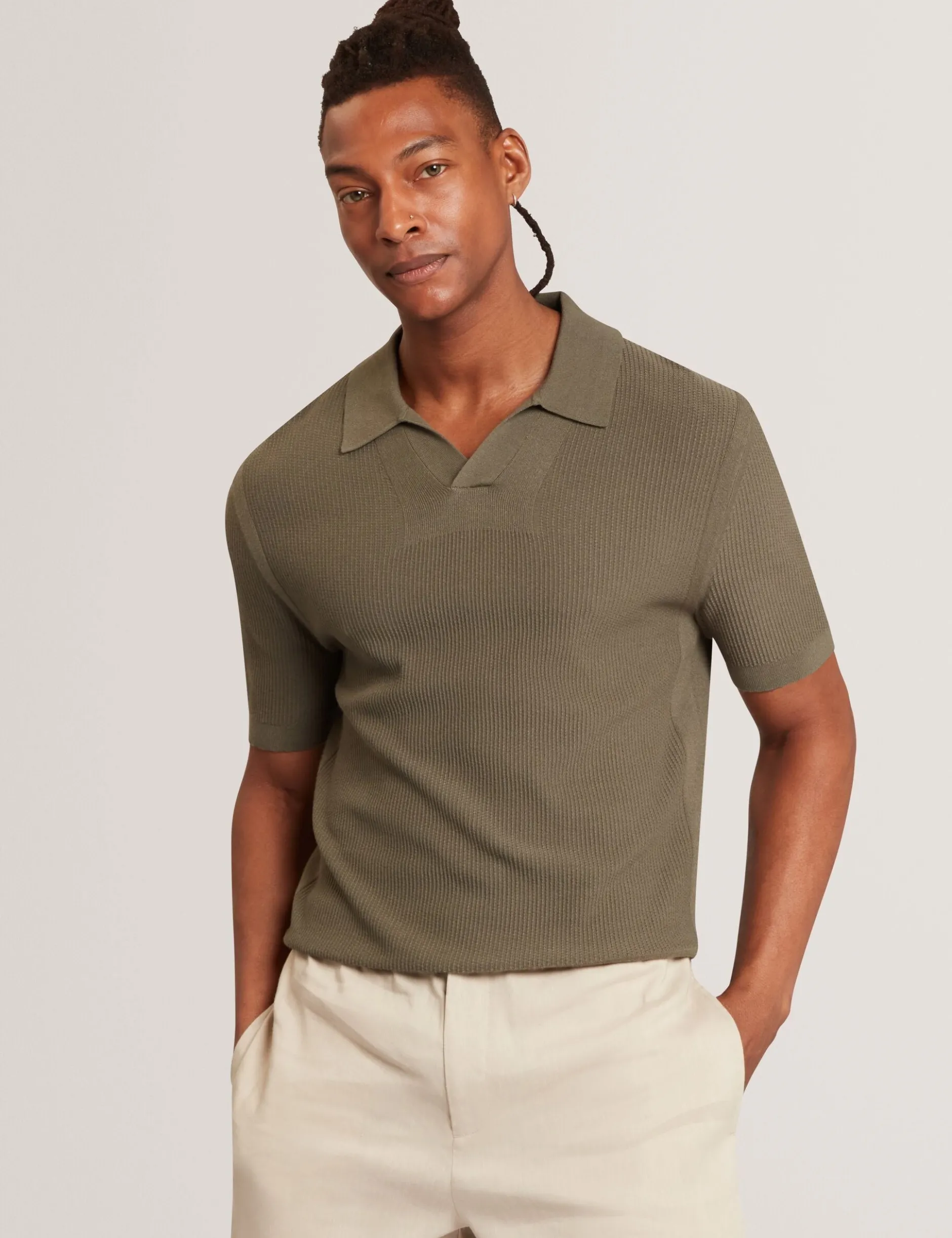 Stitched Rib Open Neck Polo Shirt