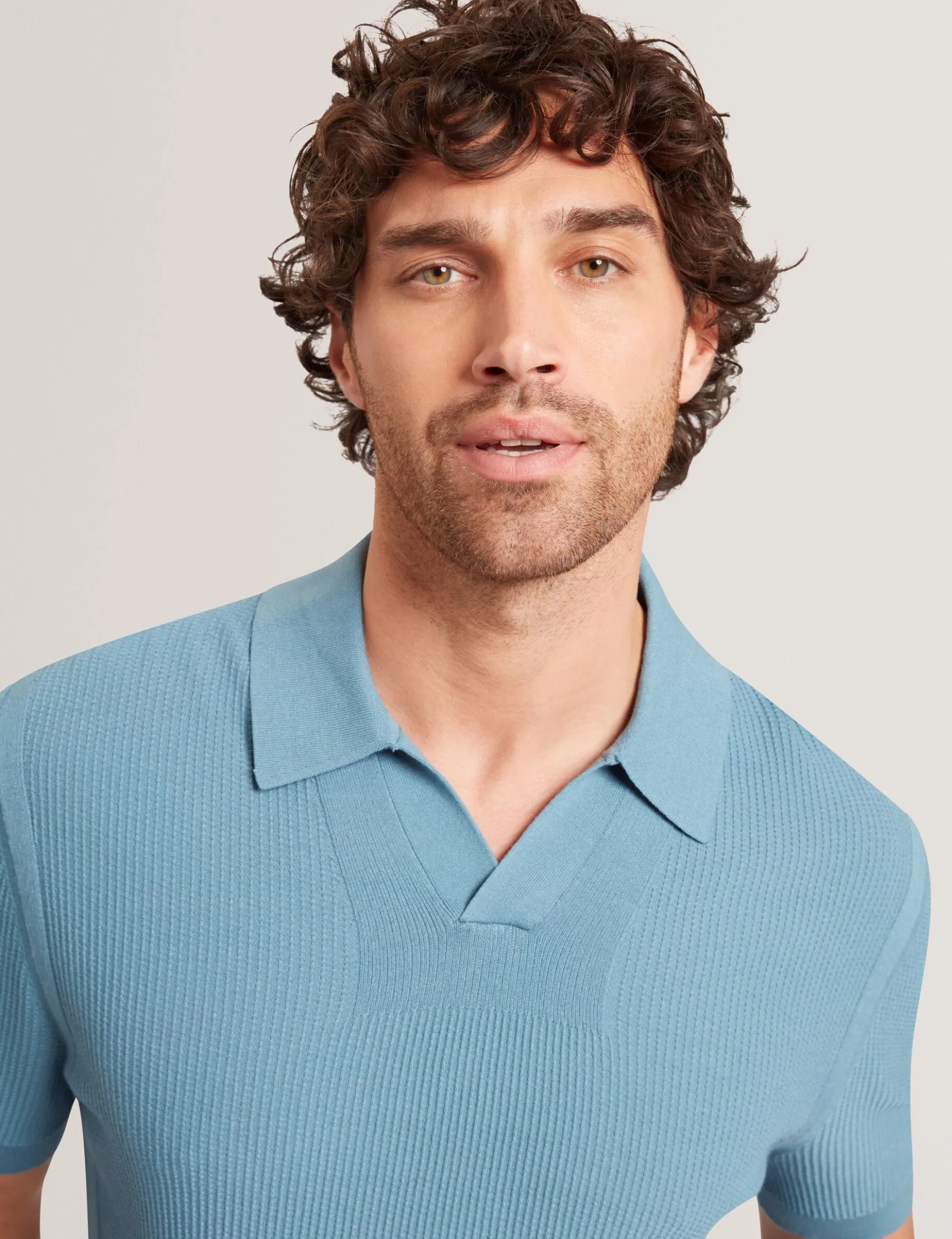 Stitched Rib Open Neck Polo Shirt