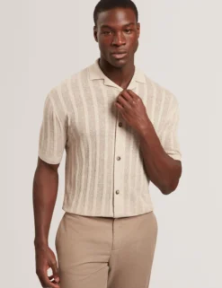 Stitched Stripe Knit Button-Through Polo