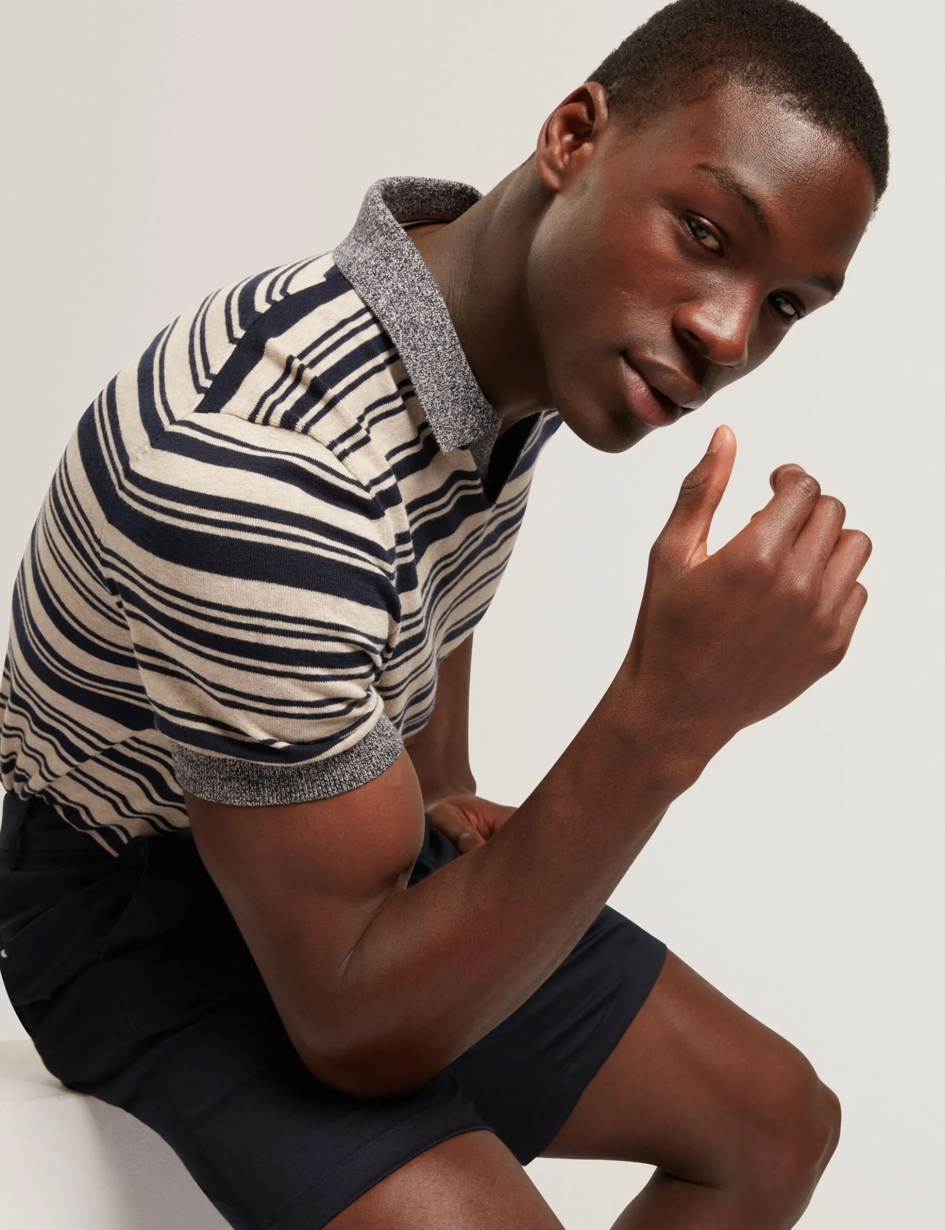 Striped Linen Blend Knitted Polo Shirt