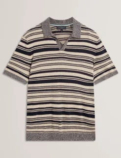 Striped Linen Blend Knitted Polo Shirt