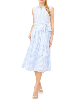 Striped Tie Waist Sleeveless Shirt Dress
