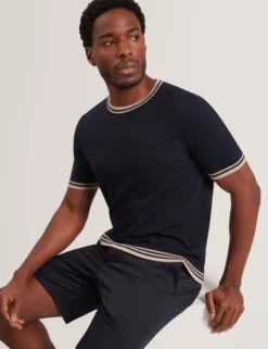 Striped Trim Linen Blend Knit T-Shirt