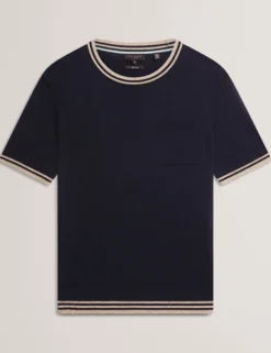 Striped Trim Linen Blend Knit T-Shirt