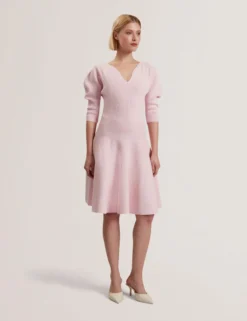 Structured Puff Sleeve Knitted Skater Dress