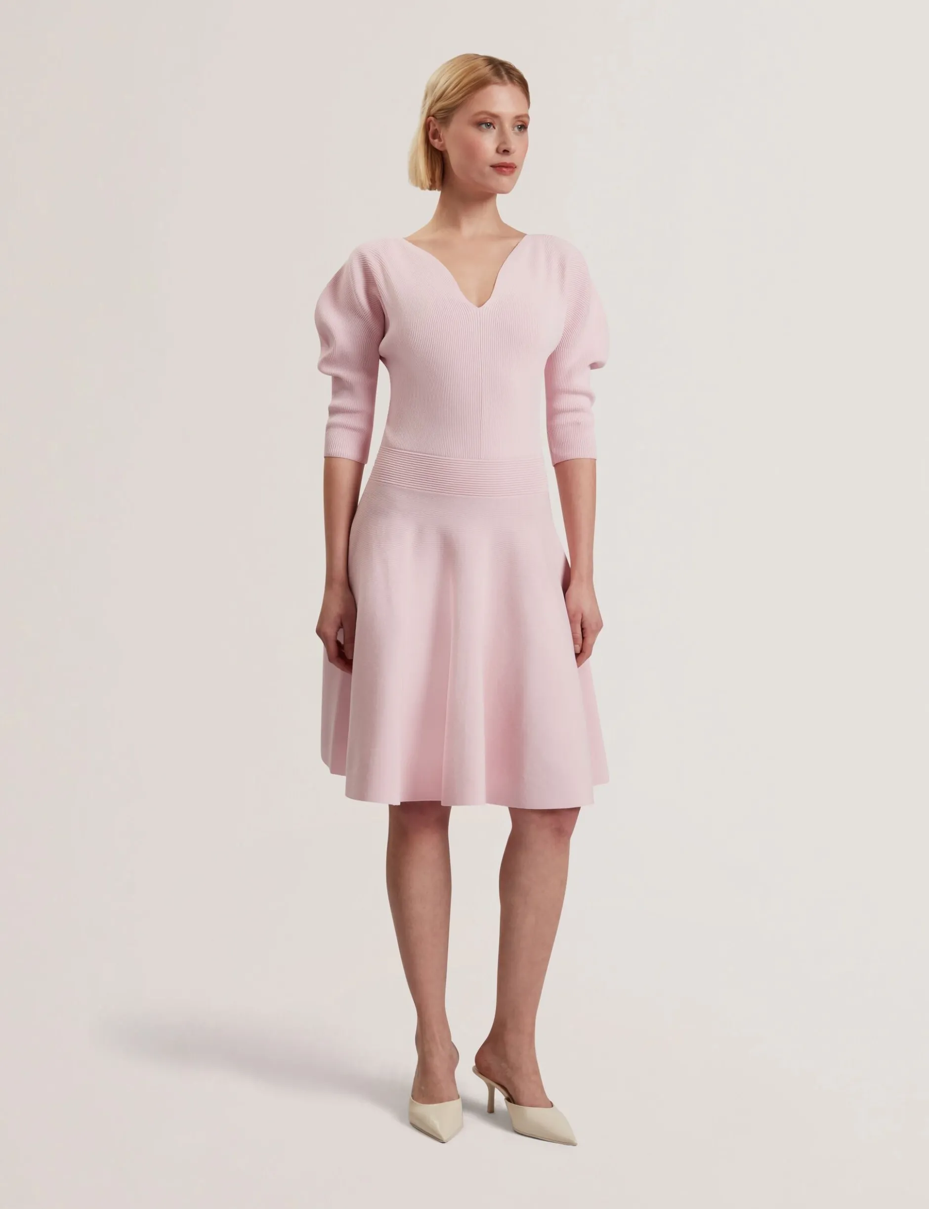 Structured Puff Sleeve Knitted Skater Dress