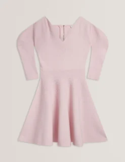 Structured Puff Sleeve Knitted Skater Dress