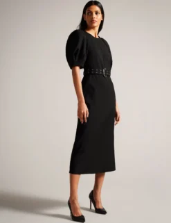 Structured Puff Sleeve Midi Dress With Belt