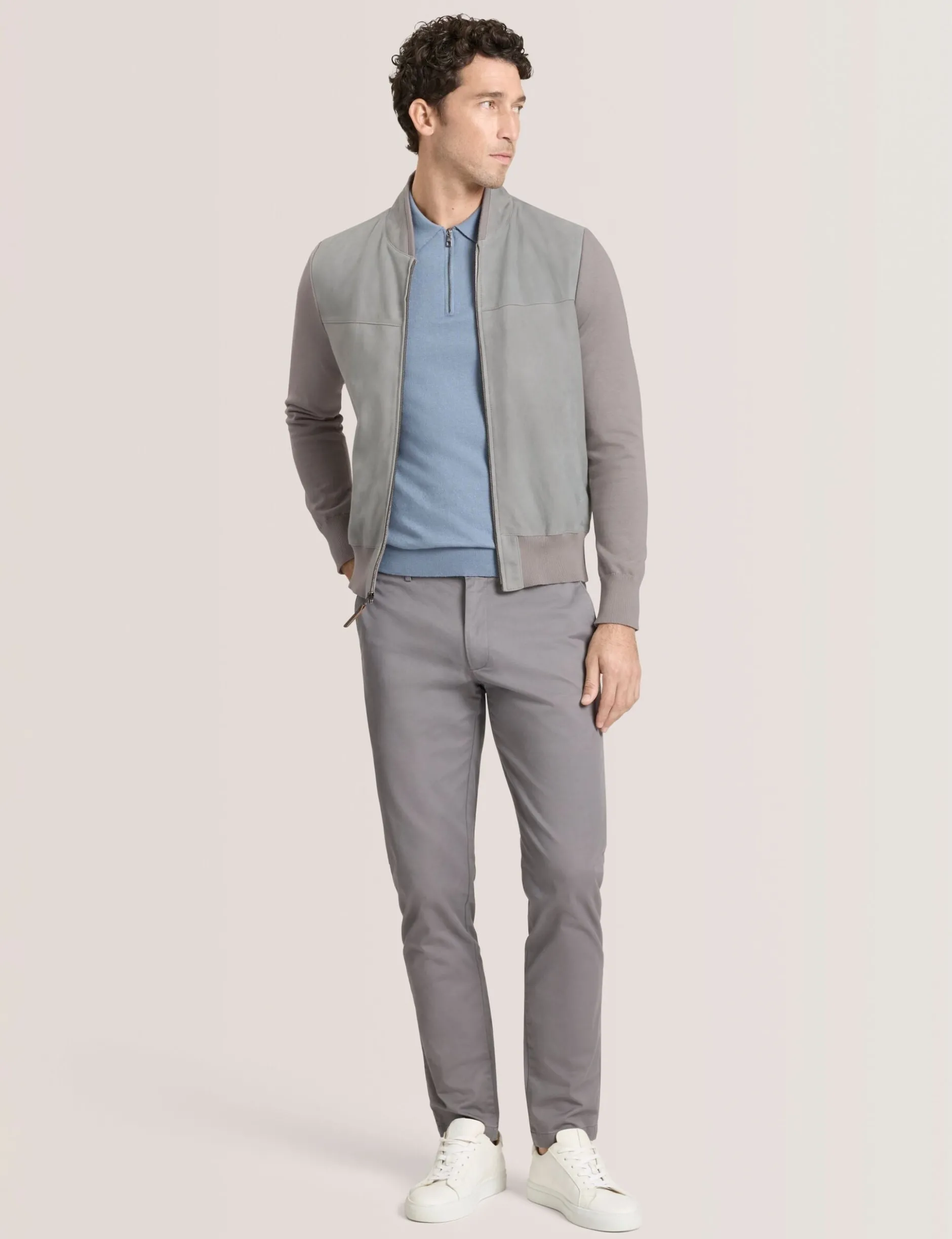 Suede Panel Zip-Up Bomber Jacket