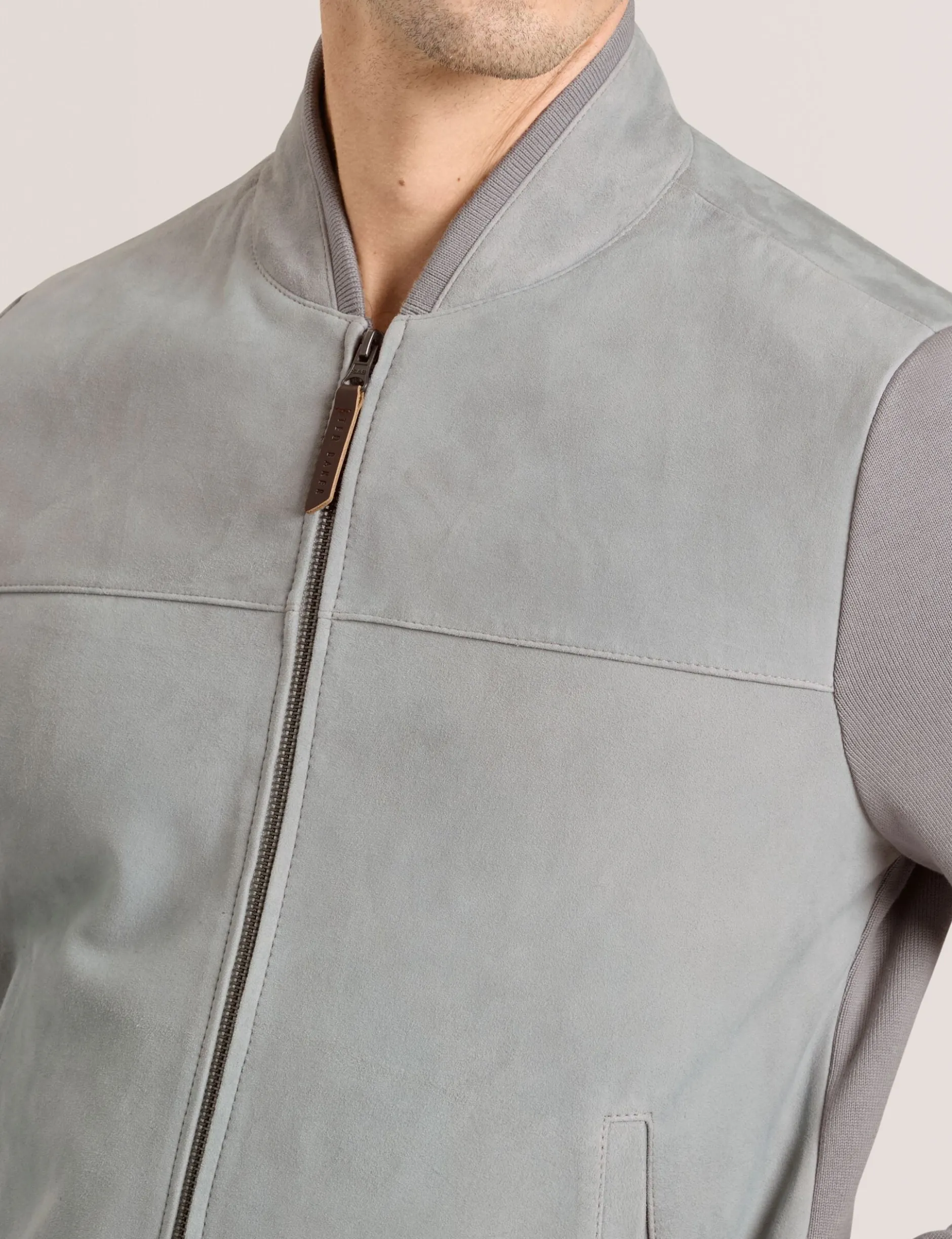 Suede Panel Zip-Up Bomber Jacket