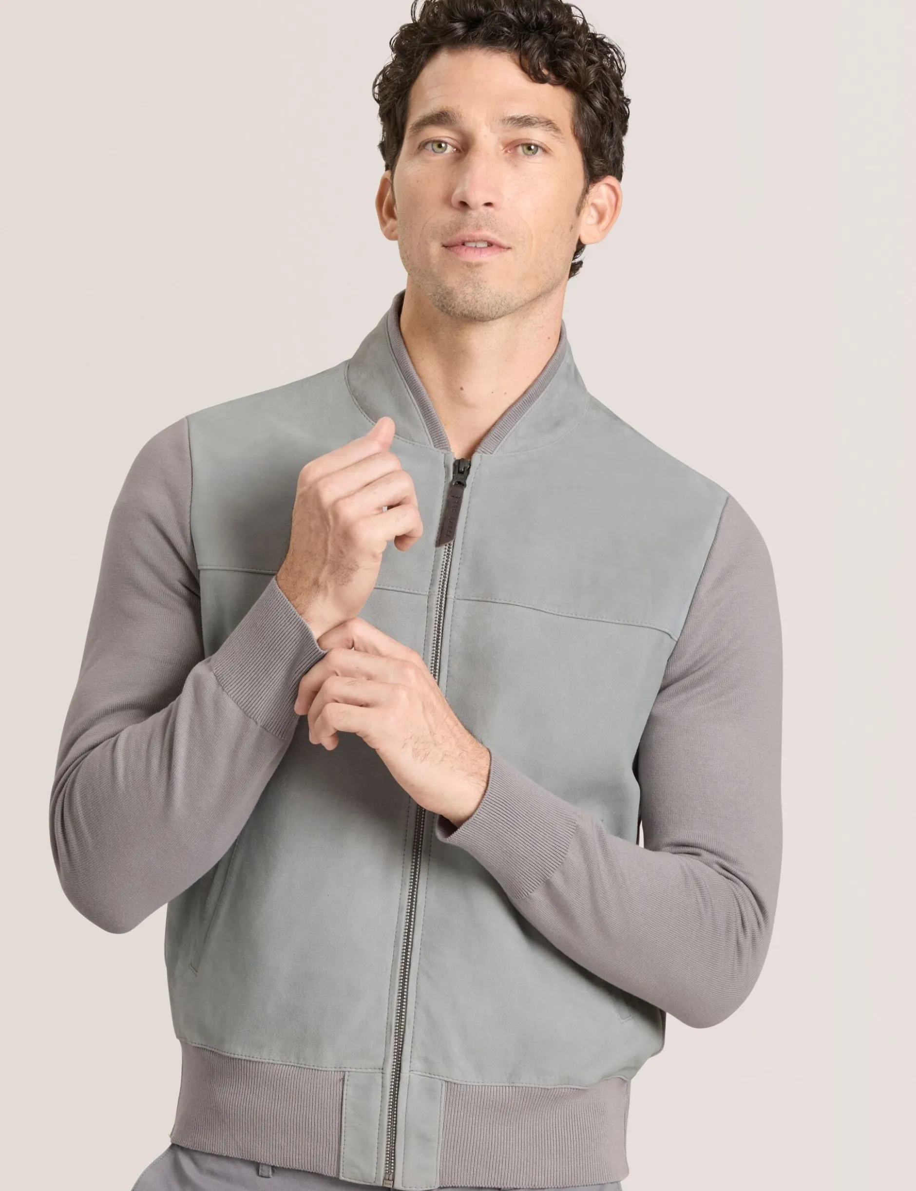 Suede Panel Zip-Up Bomber Jacket