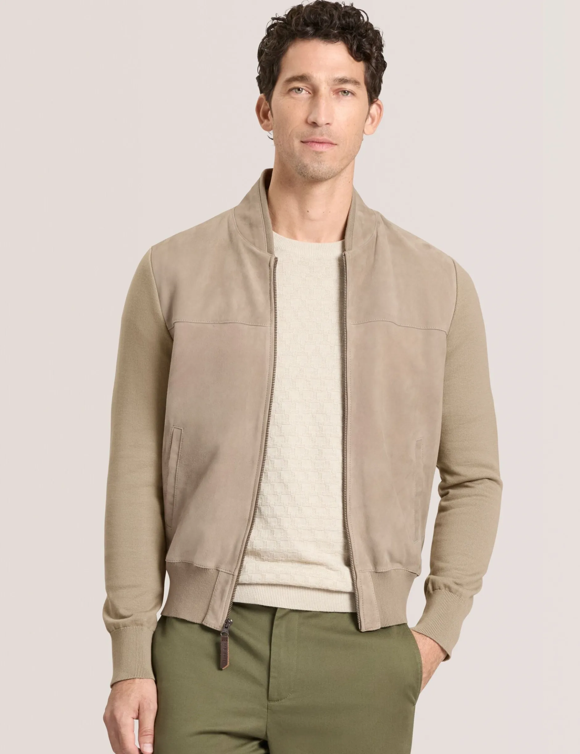 Suede Panel Zip-Up Bomber Jacket
