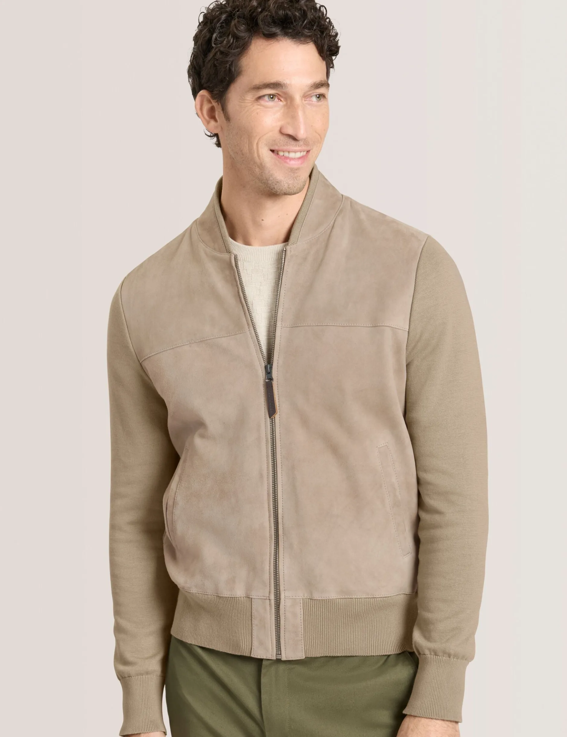 Suede Panel Zip-Up Bomber Jacket