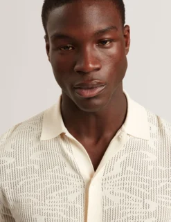 Textured Crochet Knit Button-Through Polo