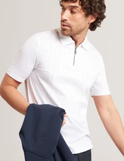 Textured Grid Zip Neck Cotton Polo