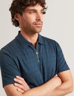 Textured Grid Zip Neck Cotton Polo