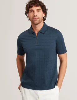 Textured Grid Zip Neck Cotton Polo