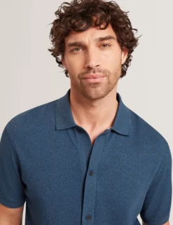 Textured Knit Button-Through Polo Shirt