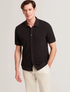 Textured Knit Button-Through Polo Shirt