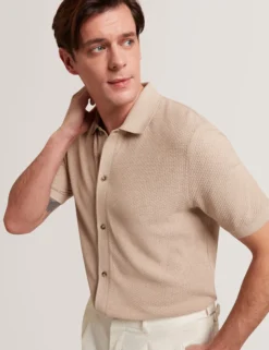 Textured Knit Button-Through Polo Shirt